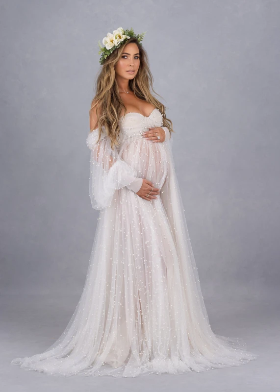 Off Shoulder Ivory Pearl Tulle Maternity Dress