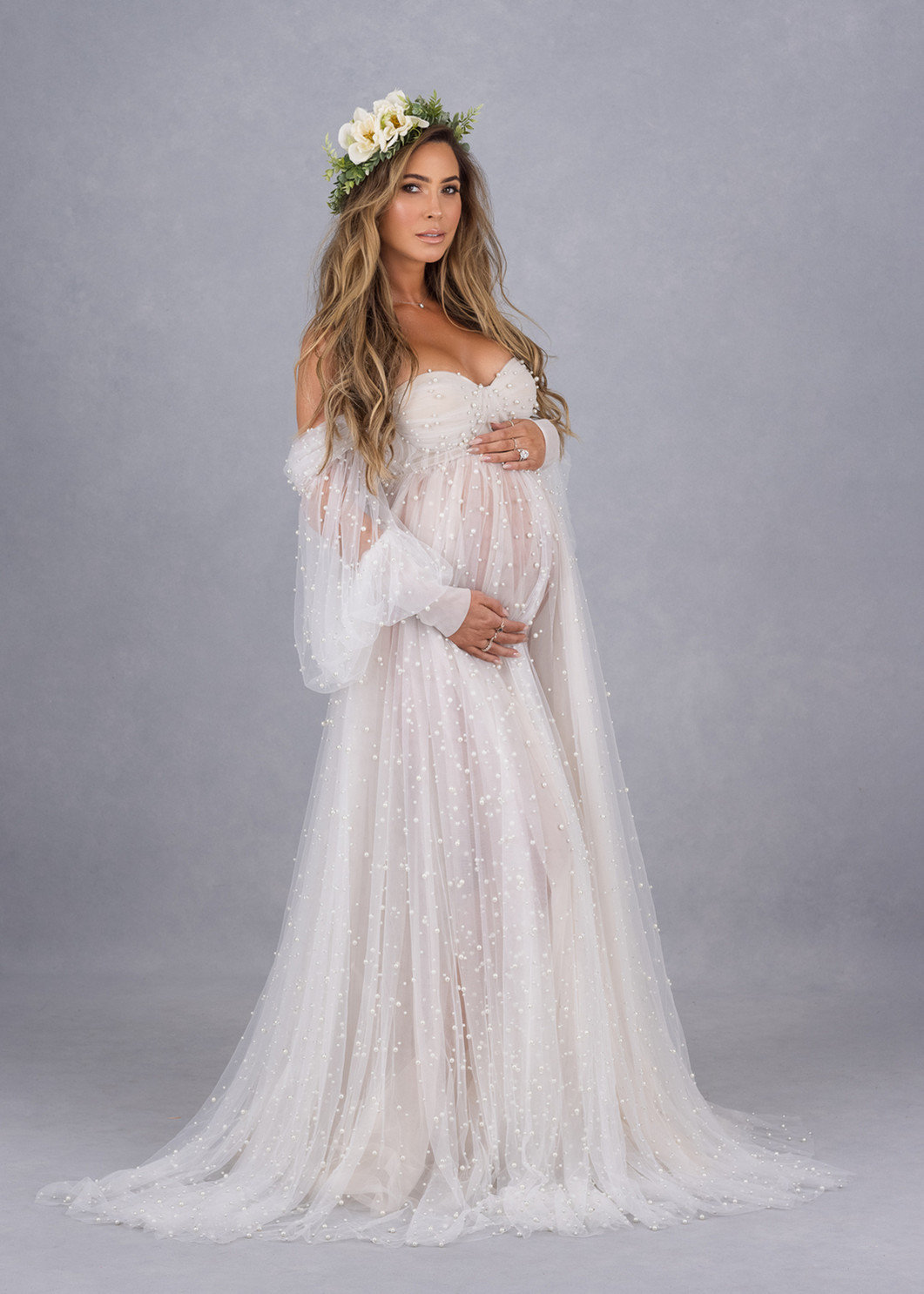 Off Shoulder Ivory Pearl Tulle Maternity Dress