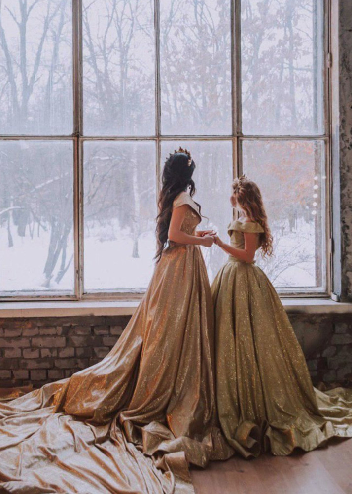 Light Gold Sparkle Mother And Kids Dress