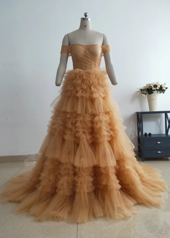 Gold Color Off Shoulder Tulle Layered Prom Dress