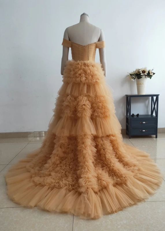 Gold Color Off Shoulder Tulle Layered Prom Dress