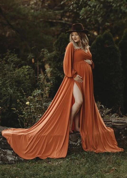 Long Sleeves Orange Slit Maternity Dress