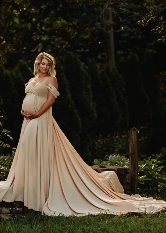 Champagne Long Train Maternity Dress Photoshoot Dress