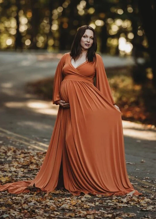 Long Sleeves Orange Slit Maternity Dress