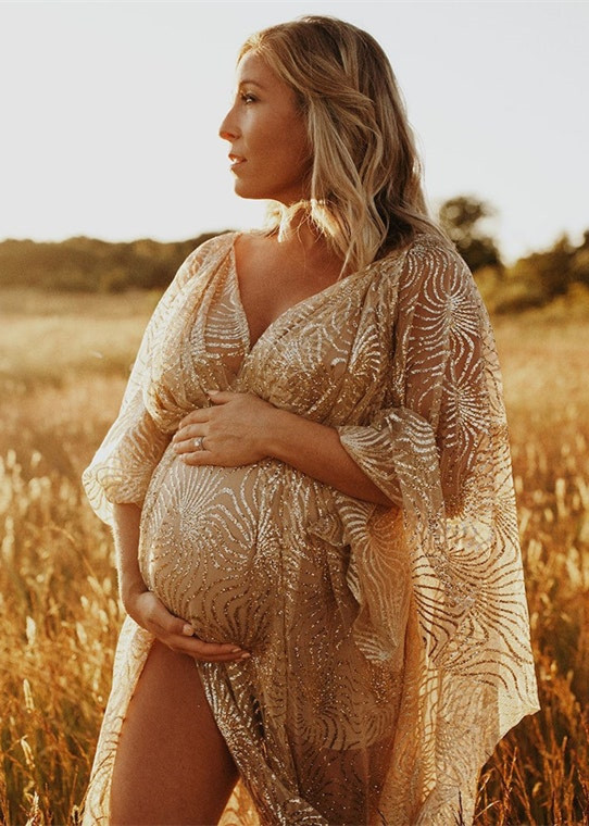 Gold Sequined Tulle Sexy Maternity Dress