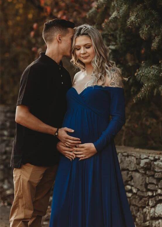 Off Shoulder Blue Jersey Maternity Dress