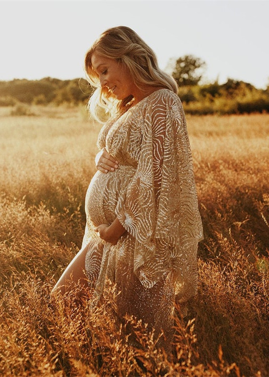 Gold Sequined Tulle Sexy Maternity Dress