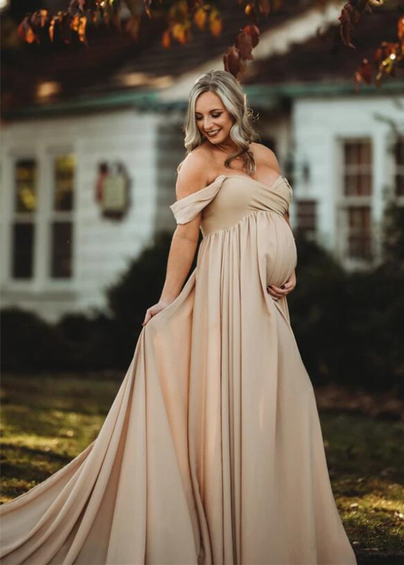 Champagne Long Train Maternity Dress Photoshoot Dress