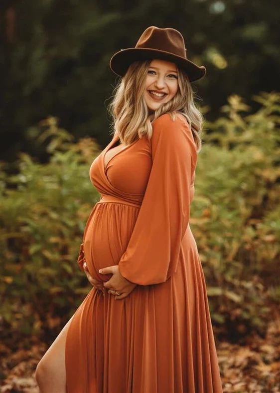 Long Sleeves Orange Slit Maternity Dress