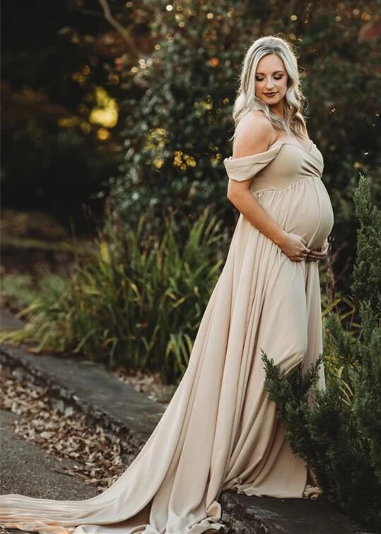 Champagne Long Train Maternity Dress Photoshoot Dress