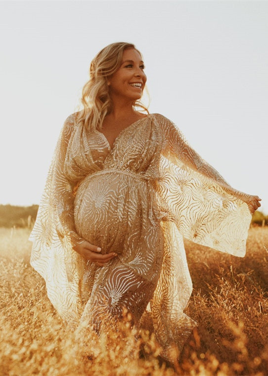 Gold Sequined Tulle Sexy Maternity Dress