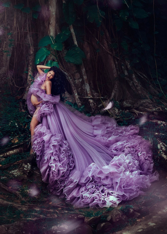 Purple Organza Tulle Ruffles Maternity Dress