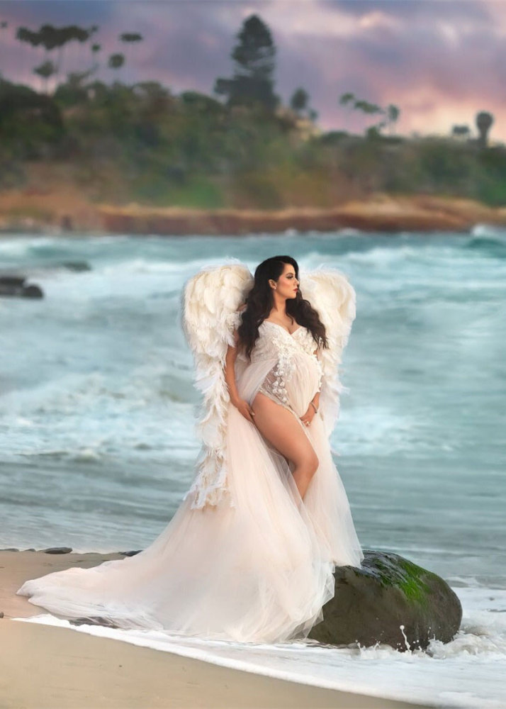 Beaded Tulle Floral Slit Maternity Dress