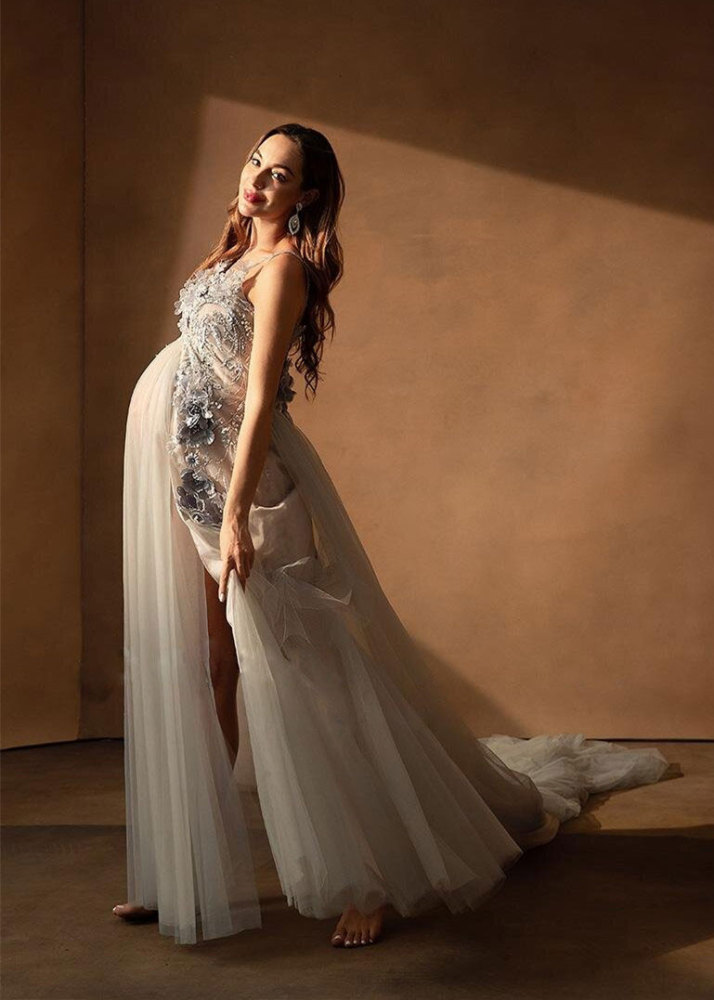 Grey Beaded Lace Maternity Dress With Detachable Train