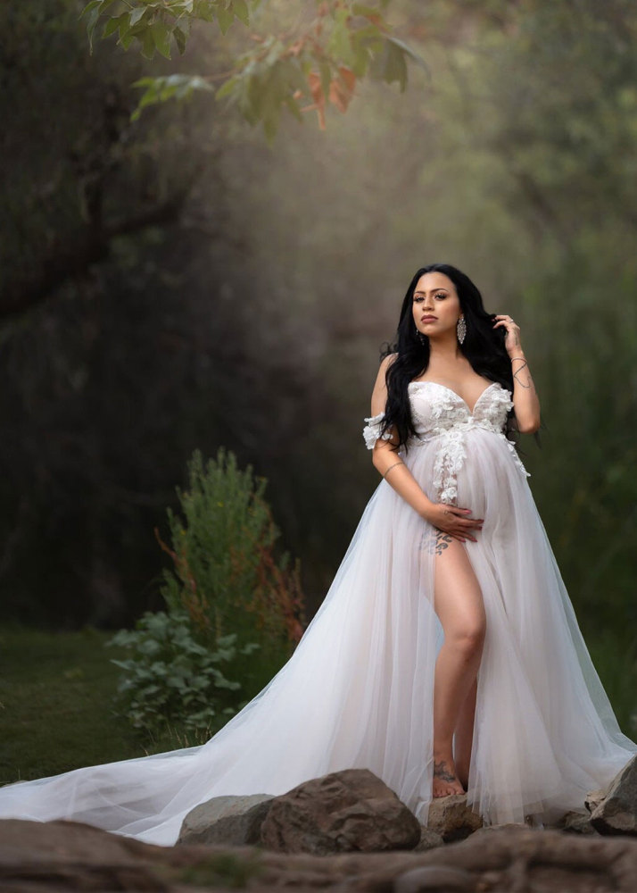 Beaded Tulle Floral Slit Maternity Dress