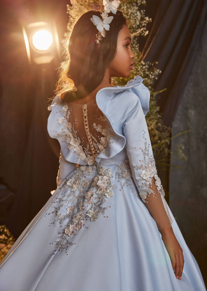 Champagne/Blue Luxury Lace Flower Girl Dress Girls Pageant Dress