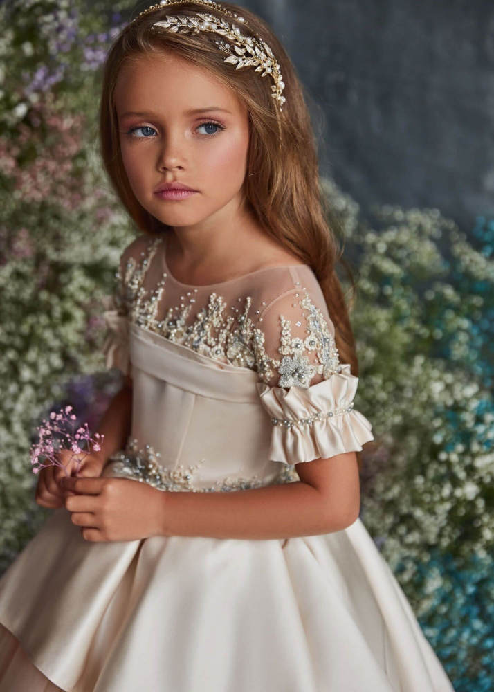 Champagne/Blue Luxury Lace Flower Girl Dress Girls Pageant Dress