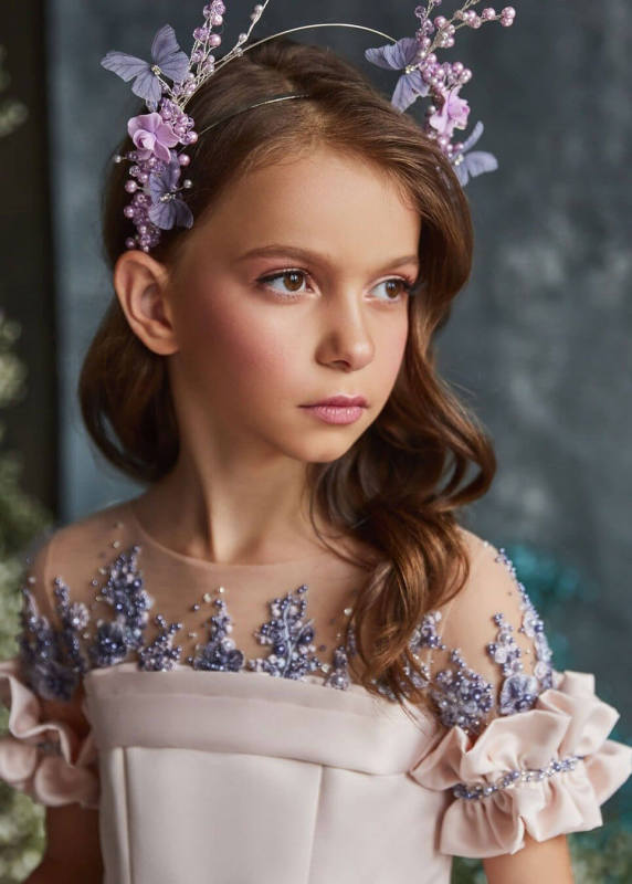 Champagne/Blue Luxury Lace Flower Girl Dress Girls Pageant Dress