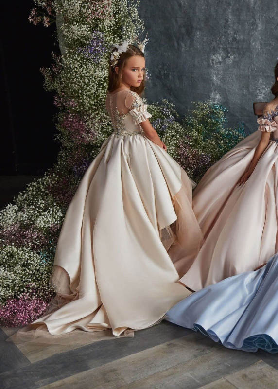 Champagne/Blue Luxury Lace Flower Girl Dress Girls Pageant Dress