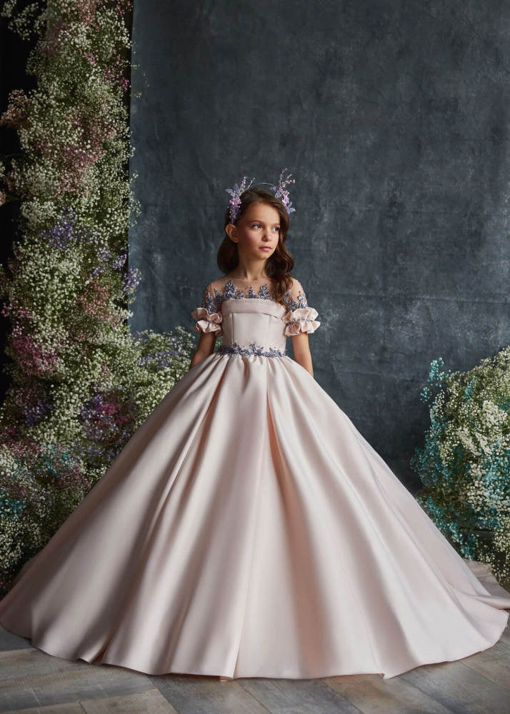 Champagne/Blue Luxury Lace Flower Girl Dress Girls Pageant Dress