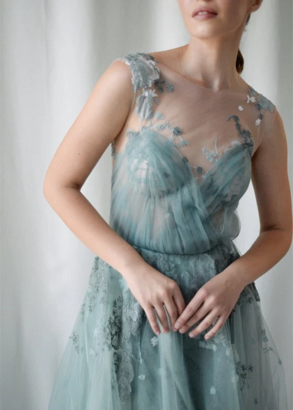 Dusty Green Tulle Lace Photoshot Dress Wedding Dress