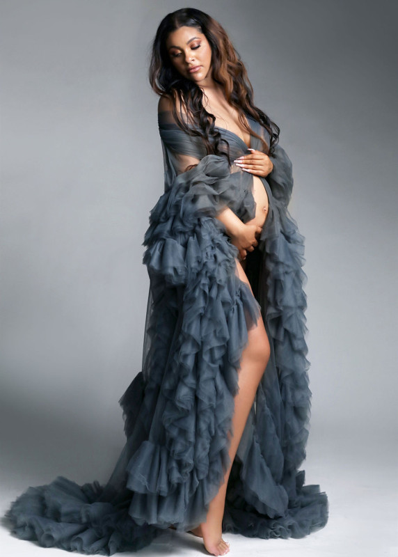 Grey Blue Tulle Ruffled Stylish Maternity Dress