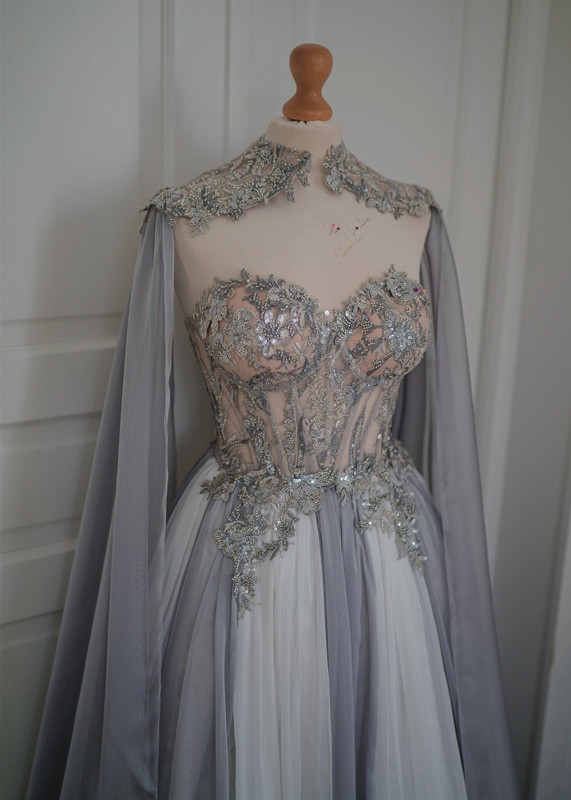 Beaded Lace Chiffon Photoshot Dress/Maternity Dress With Shawl