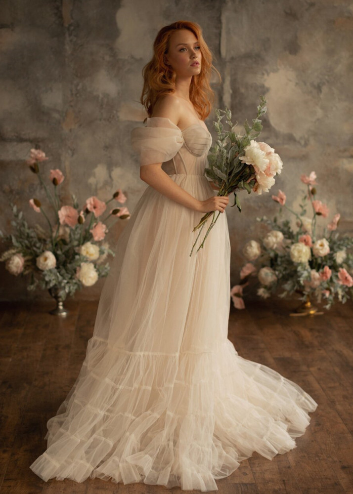 Off Shoulder Tulle Corset Style Flowing Maternity Dress