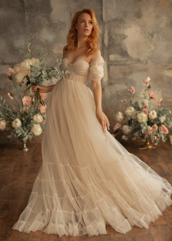 Off Shoulder Tulle Corset Style Flowing Maternity Dress