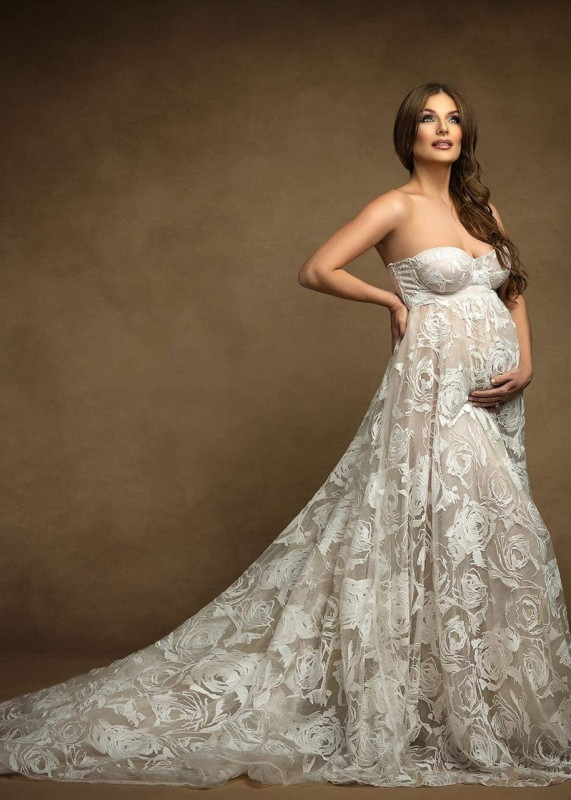 Strapless Ivory Floral Lace Romantic Maternity Dress
