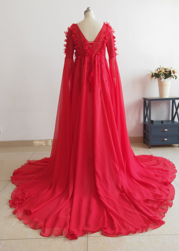 Red Lace Chiffon Floral Maternity Dress
