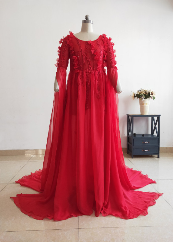 Red Lace Chiffon Floral Maternity Dress