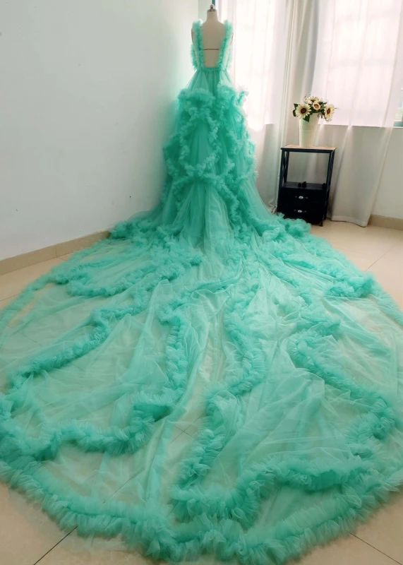 Turquoise Tulle Long Train Maternity Dress