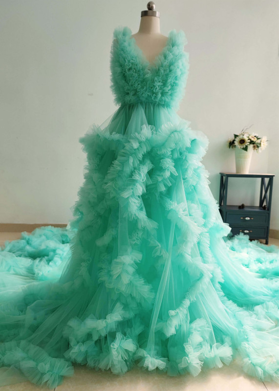 Turquoise Tulle Long Train Maternity Dress