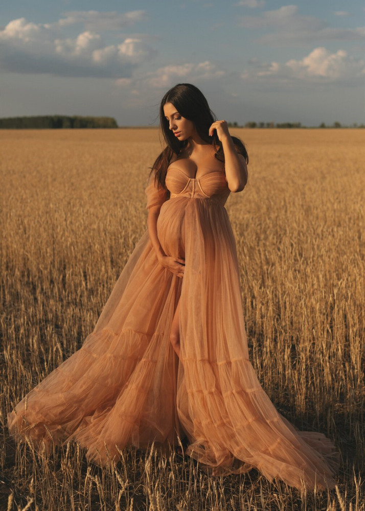 Fantastic Tulle Front Open Corset Design Maternity Dress