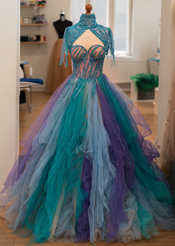 Multi-color Strapless LaceTulle Prom Dress With Cape
