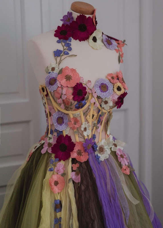 Multi-color Floral Lace Tule Maxi Prom Dress