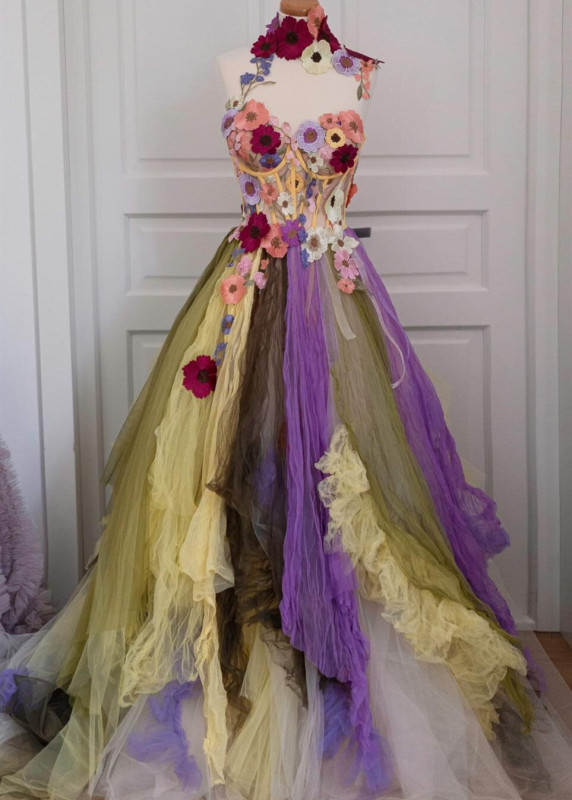 Multi-color Floral Lace Tule Maxi Prom Dress