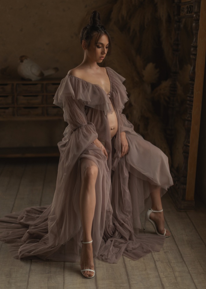 Long Sleeves Tulle Open Front Maternity Dress