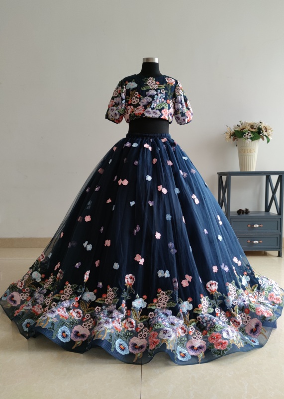 Two Piece Embroidery Lace Tulle Floral Prom Dress