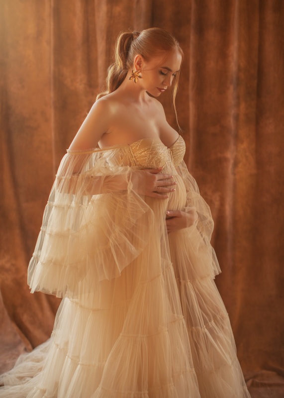 Champagne Lace Tulle Off Shoulder Maternity Dress