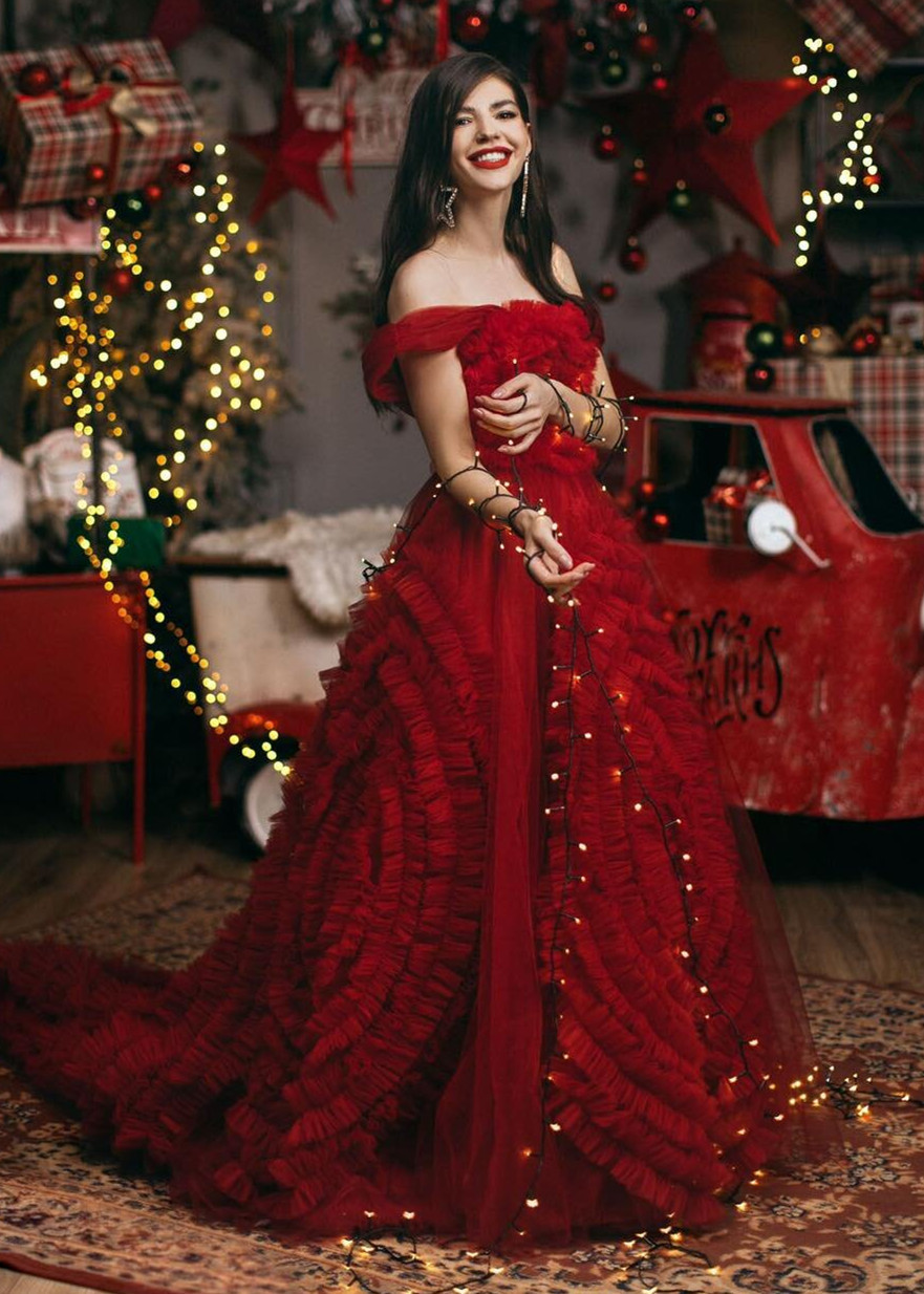 Red Tulle Bloom Trendy Prom Dress