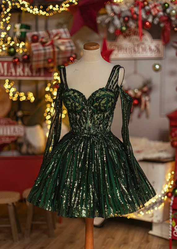 Green Glitter Short Prom Dress