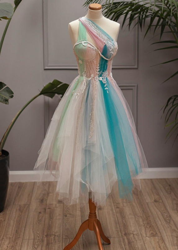 One Shoulder Lace Tulle Colorful Prom Dress