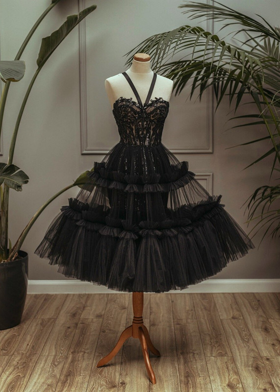 Black Glitter Tulle Short Prom Dress