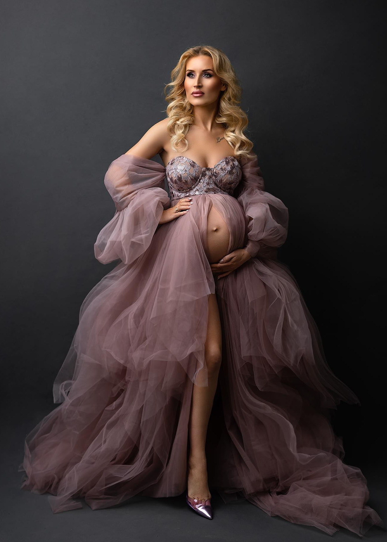 Mauve Lace Tulle  Maternity Dress/Photoshot Dress