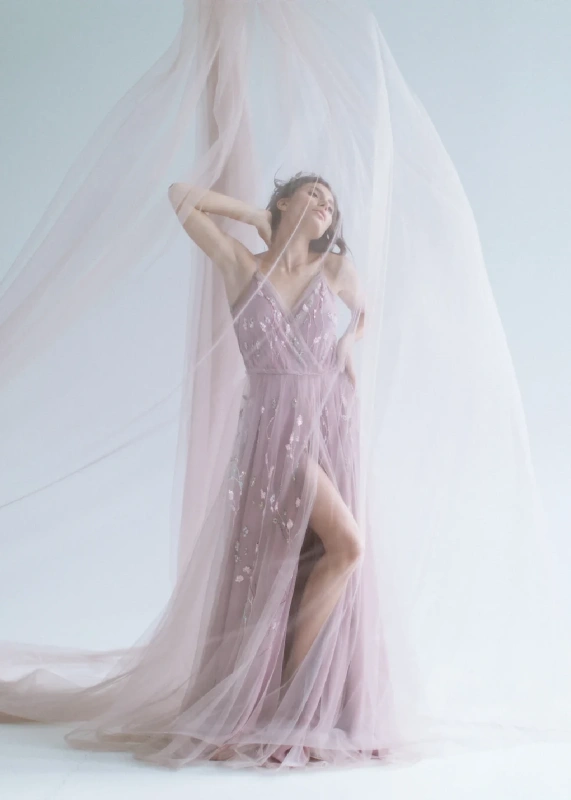 Mauve Lace Beaded Wedding Dress