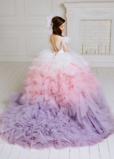 Mix Color Tulle Ruffled Beaded Girls Pageant Dress