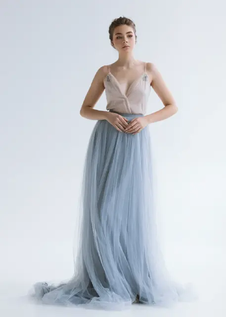 Grey Blue Skirt Beaded 2 Pieces Wedding Dress