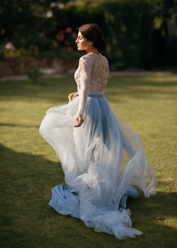 Dark Blue Skirt Beaded 2 Pieces Wedding Dress